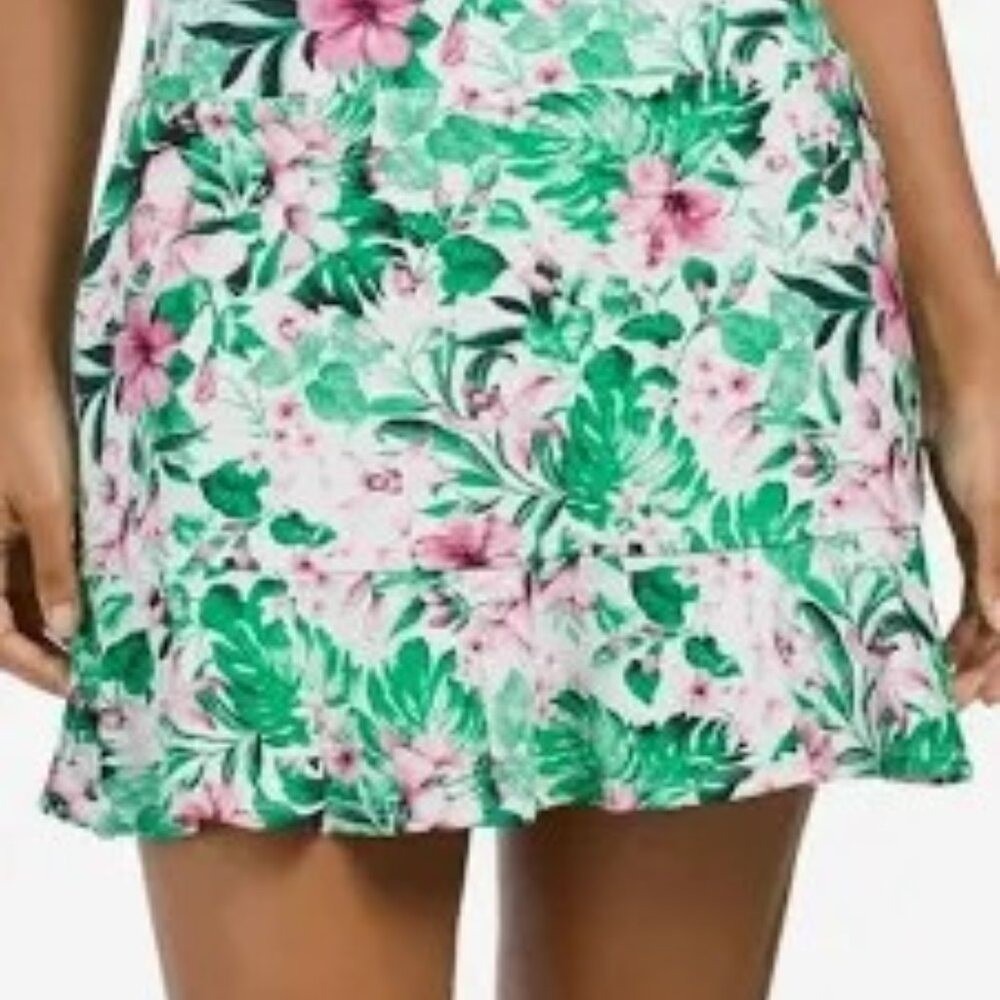 Tommy Bahama EUC Golf Skort Womens XL Pink Green Tropical Floral Hibiscus Ruffle - Picture 2 of 7